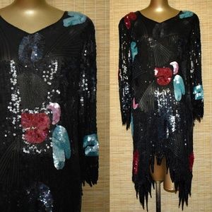 Sequined Black Silk Prom Cocktail Dress Jagged Hem